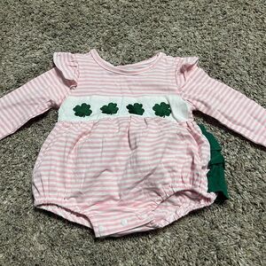 Pink Striped Baby Girl Romper with Green Clover Accents